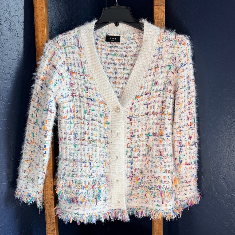 Vici | Cream Multi-Color Tweed Knit Cardigan